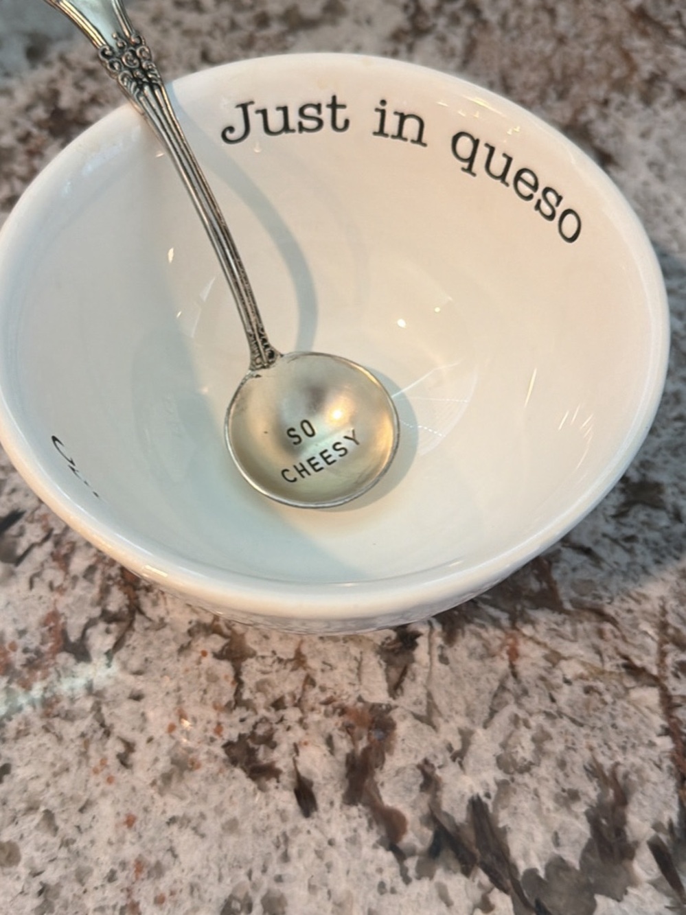 White Ceramic 'Just in Queso' Bowl with Silver Spoon